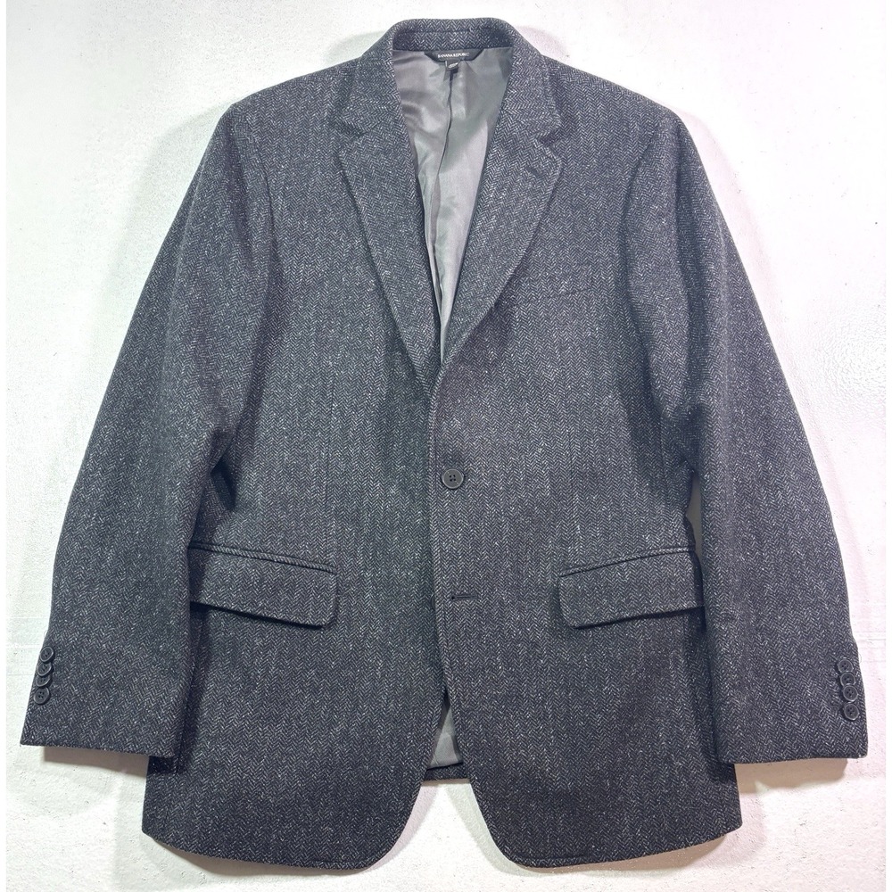black gray herringbone Banana Republic balli tweed blazer jacket sport coat 40R